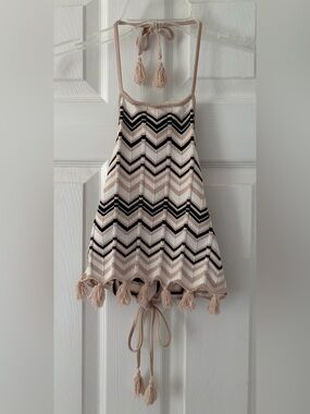 Windsor Beige, Black & White Chevron Knit Halter Top with Tassels